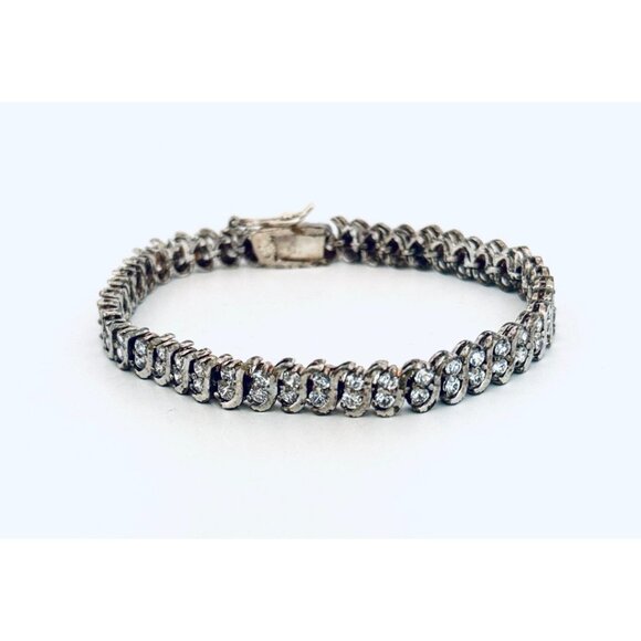 Vintage Estate Sterling Silver 925 "S" Link Tennis Bracelet with White Crystals